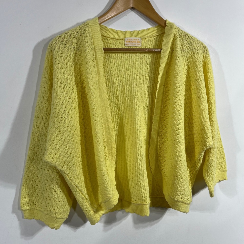 VTG Y2K Yellow Orlon Cottagecore Boho Bolero Knit Open Front Cardigan Cropped XL - Picture 2 of 8